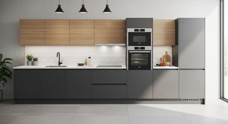 A modern, minimalist one-wall kitchen with dark grey cabinets, light wood accents, and built-in appliances.