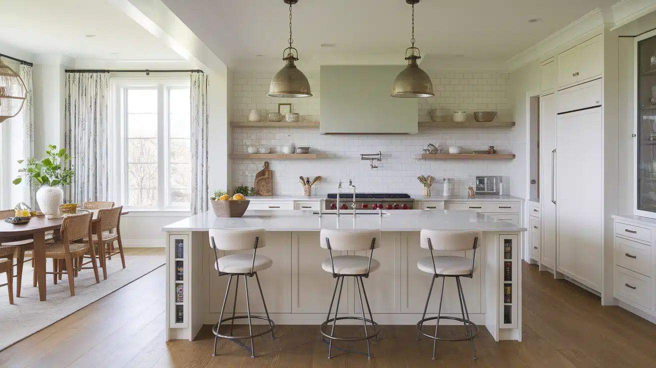 A bright one-wall kitchen layout featuring a large white island with counter seating and open floating shelves.