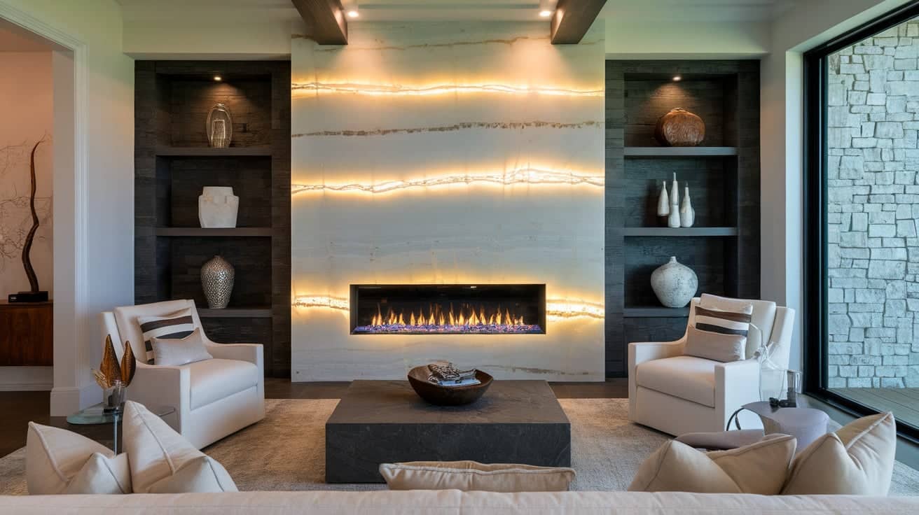 Luxury living room featuring a backlit translucent onyx rock fireplace surrounded by dark built-in bookshelves.