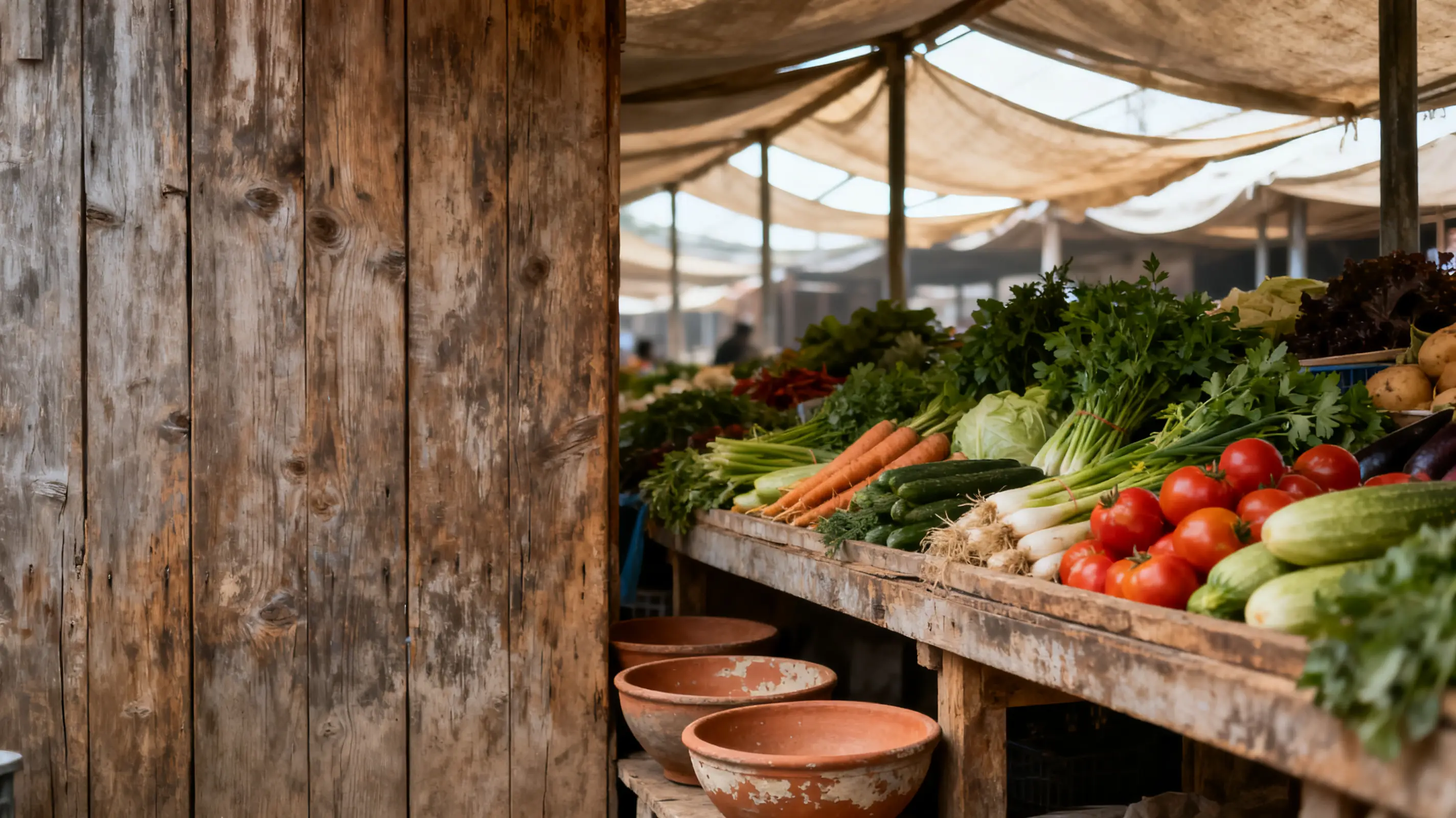 Fresh produce including carrots, tomatoes, and greens displayed on wooden market stall