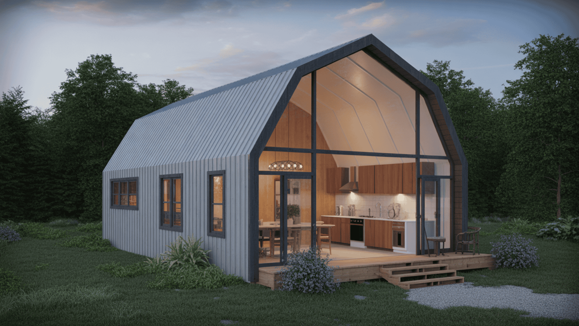 An open-plan studio barndominium with a light gray arched metal roof, matching siding, and a large front glass wall.