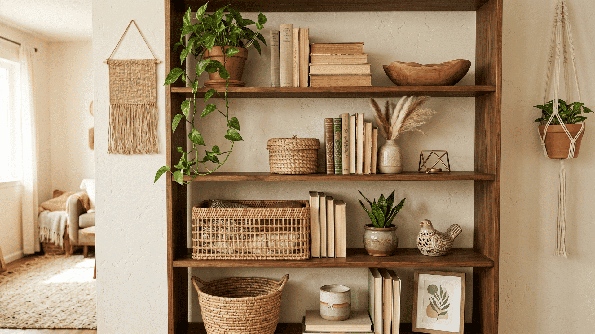 Open shelves in a boho living room with baskets, books, plants, and small decor items