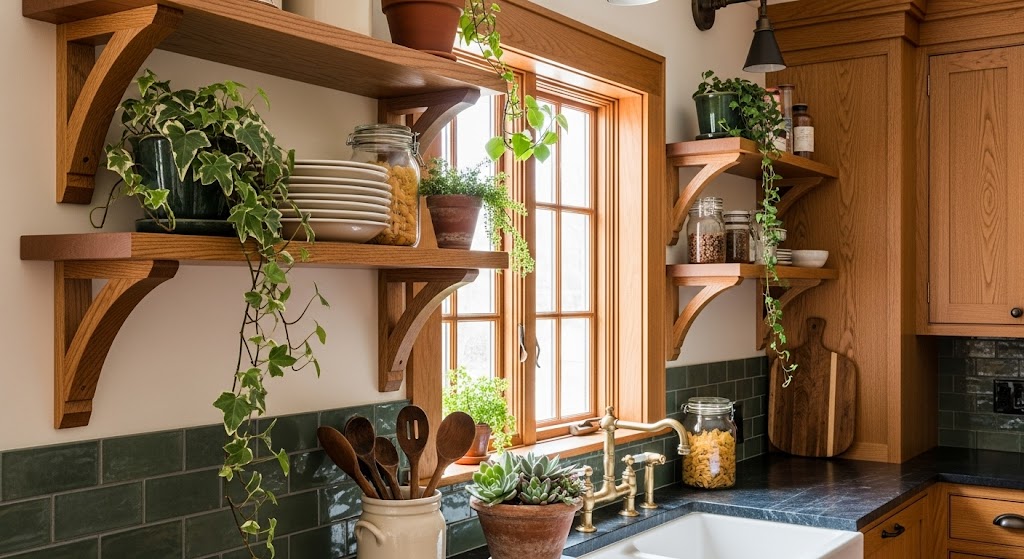 Craftsman kitchen with open wood shelves on carved brackets, a window, and green subway tile backsplash.