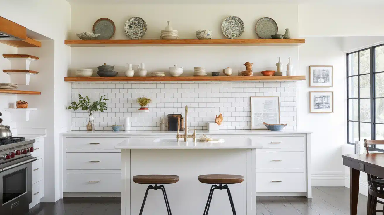 Bright kitchen with white lower cabinets, subway tiles, and long open wood shelves with dishes.