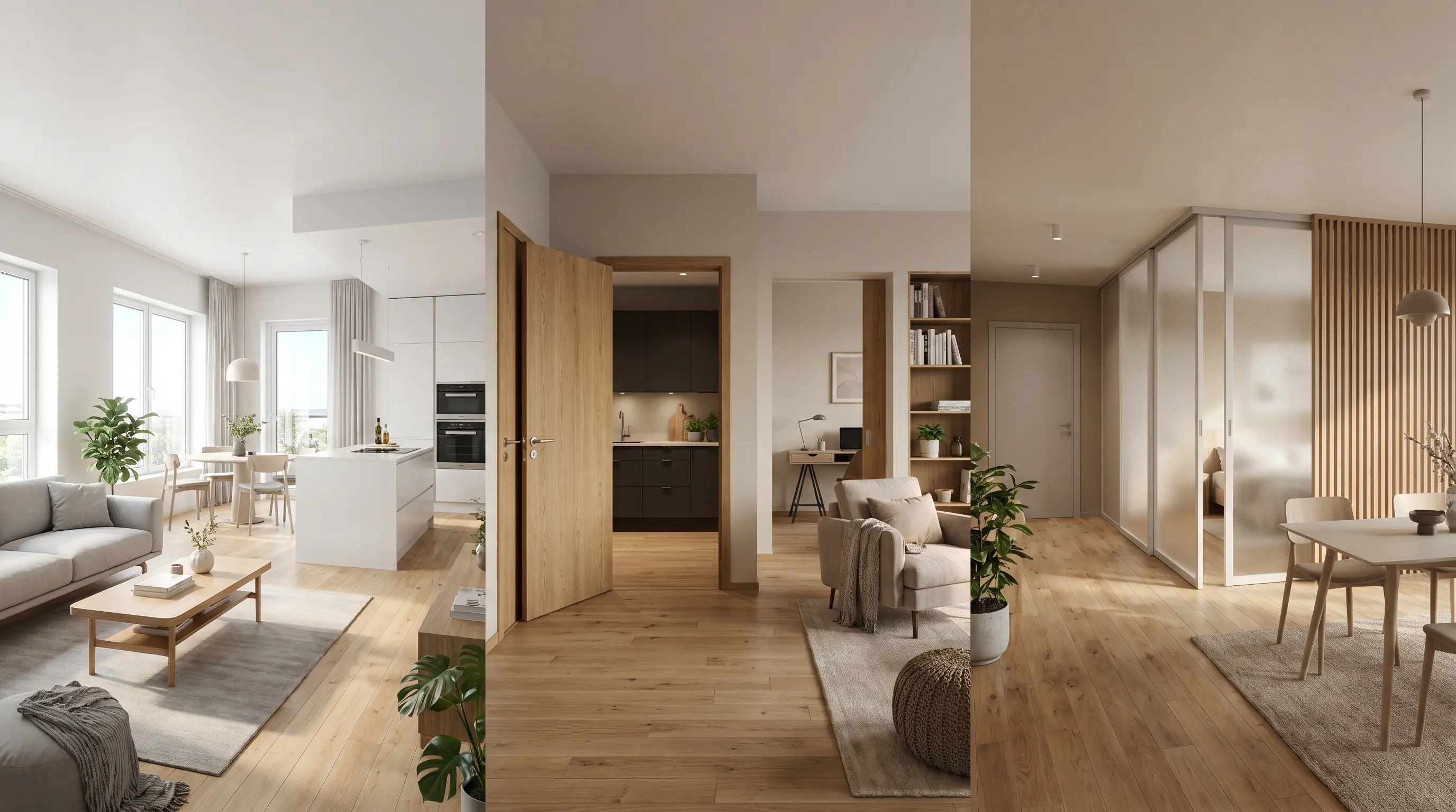 Infographic-style visualization comparing open-concept, closed, and hybrid apartment layouts with modern interiors and explanatory labels.