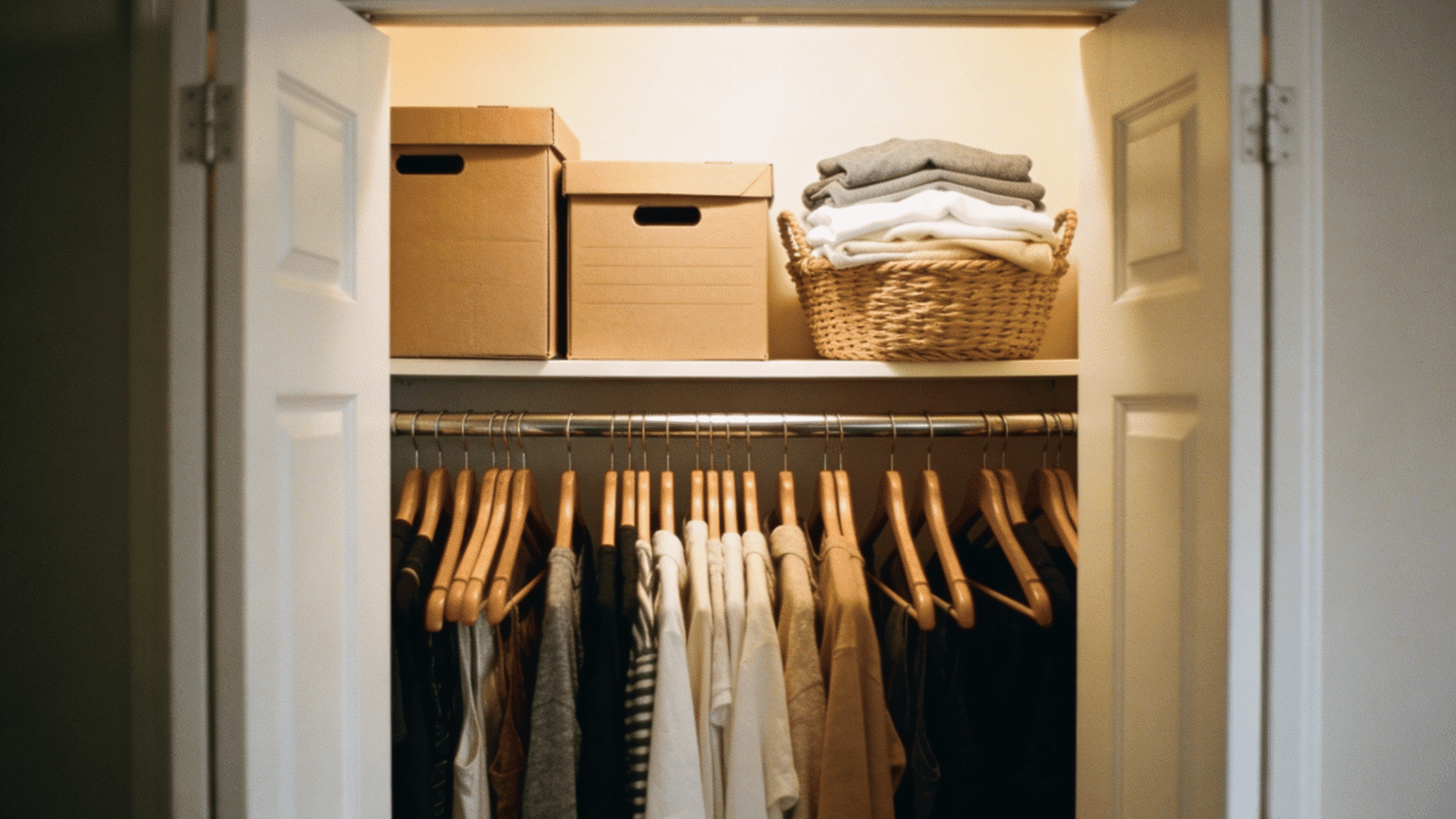 Alt textOpen closet with single rod, hanging clothes, shelf above, and storage boxes inside.