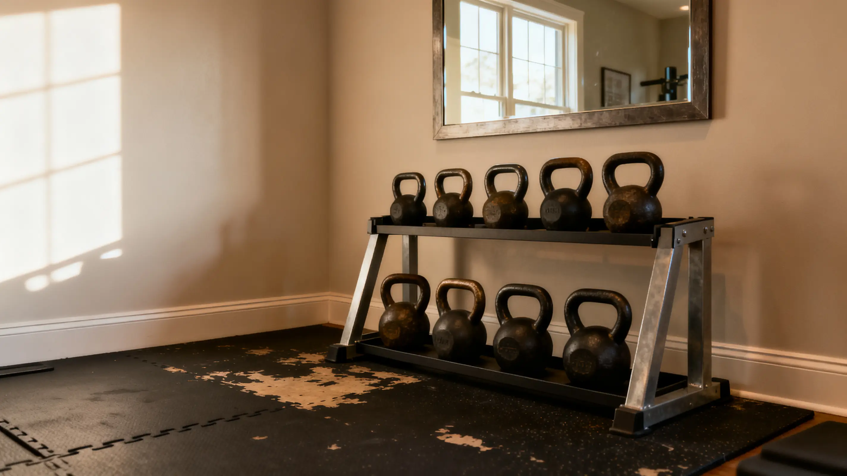 Kettlebells on a metal rack in a home gym with rubber flooring and neutral walls