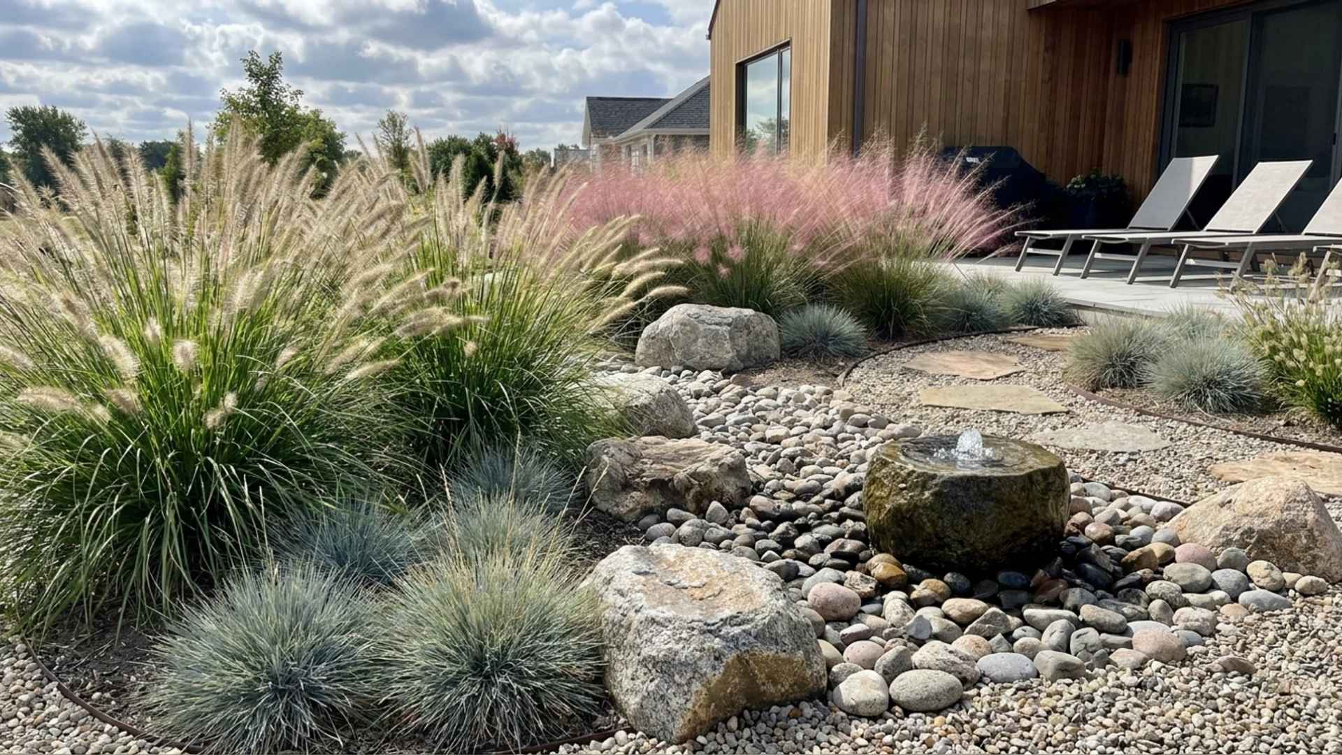 Modern rock garden with ornamental grasses, pebbles, boulders, and a small water feature near a patio.