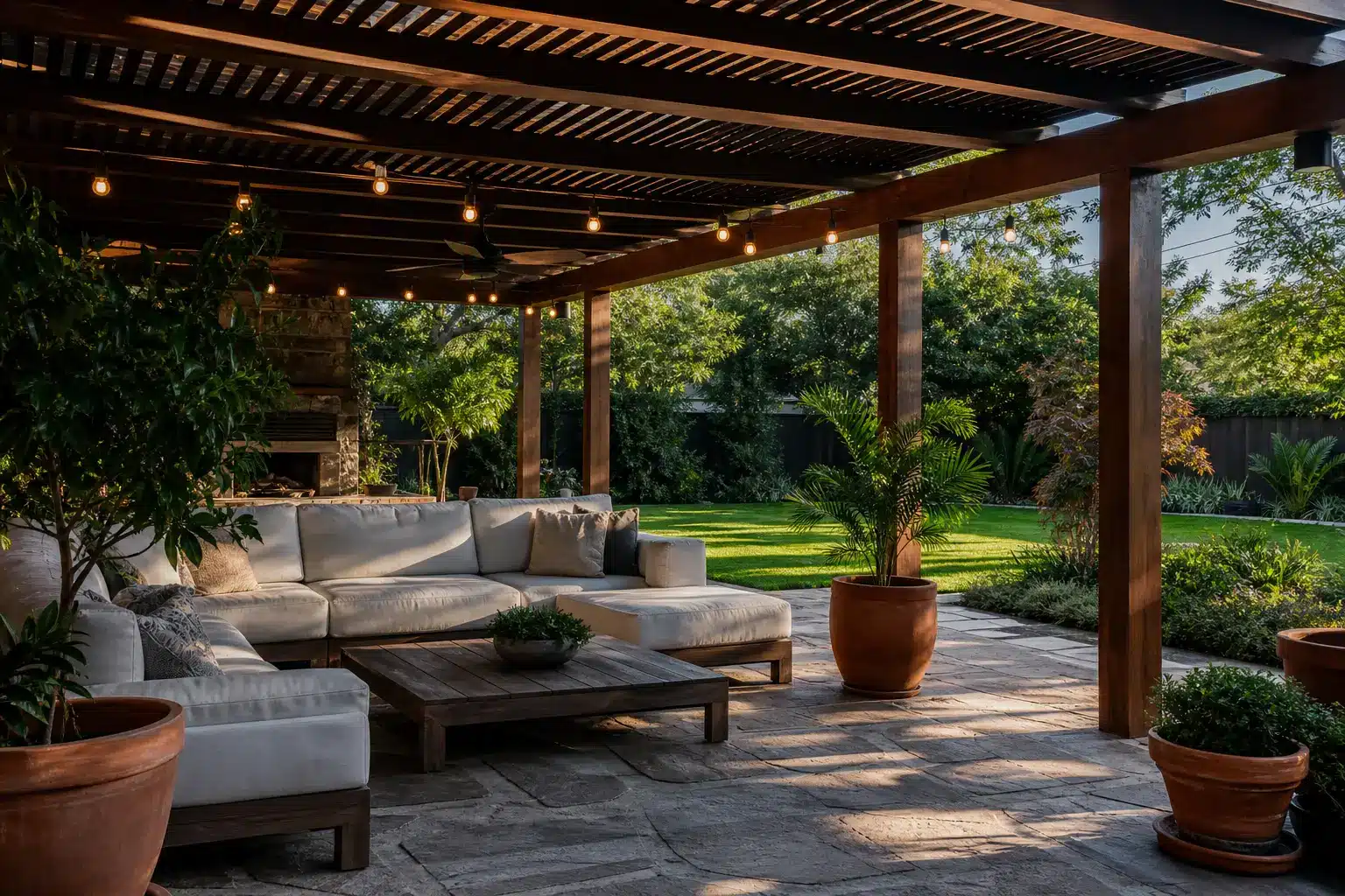 Outdoor patio with large sectional sofa under wooden pergola, surrounded by potted plants and string lights