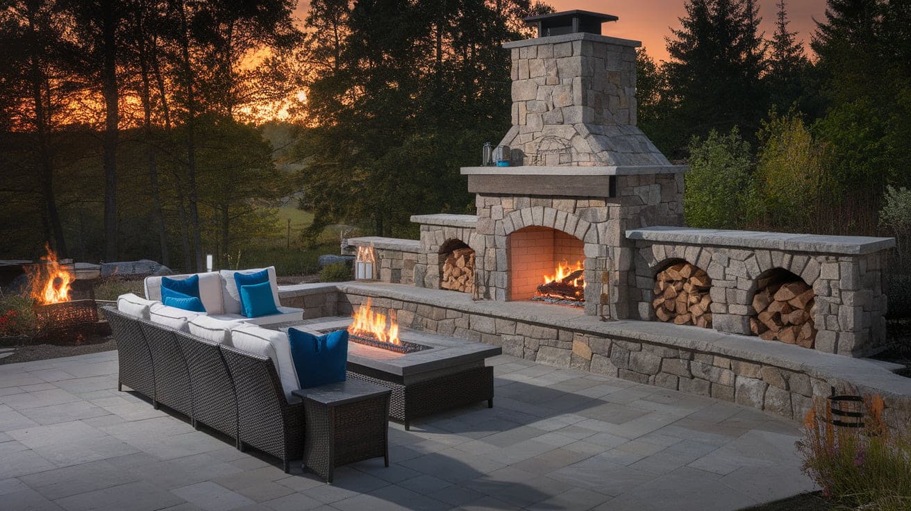 Luxury outdoor stone fireplace featuring an integrated pizza oven, surrounded by patio seating at twilight.