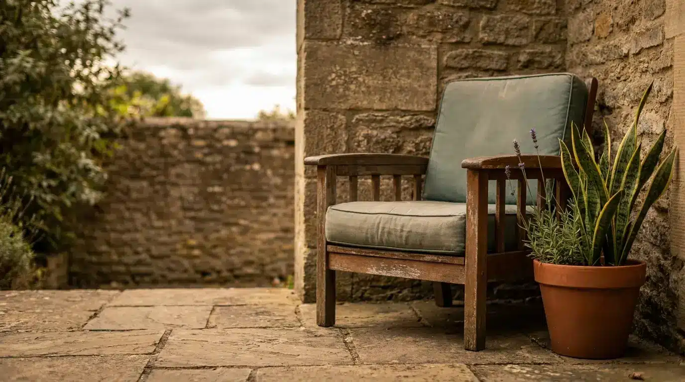 Rustic wooden chair with blue cushion next to potted plant on stone patio