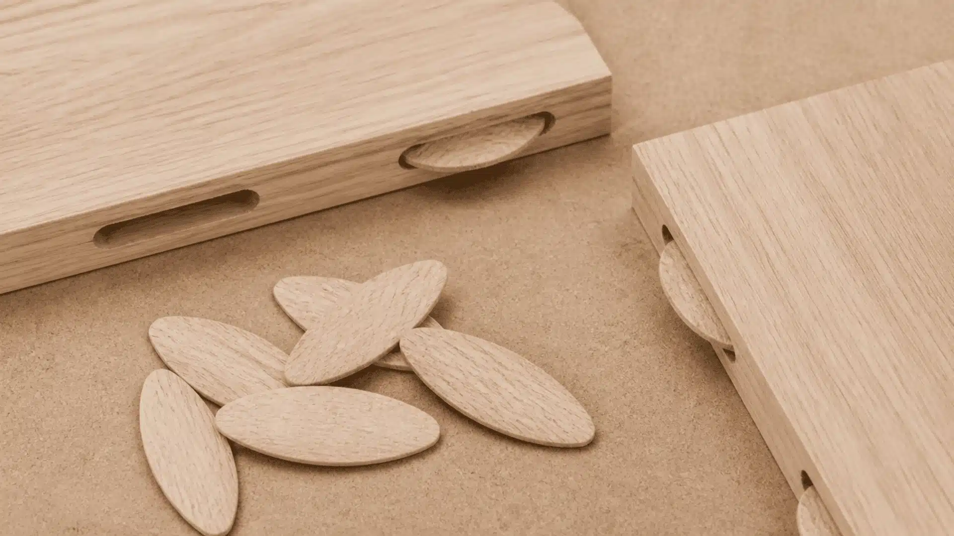 Oval biscuits inserted into slots between wooden boards