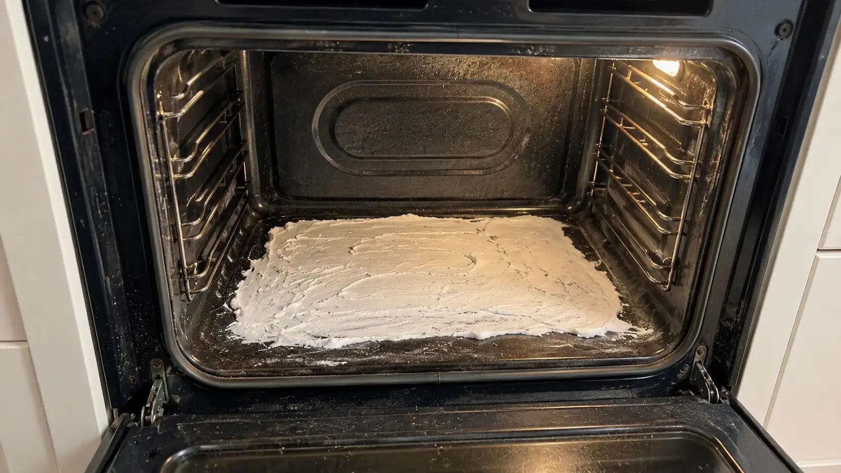 Baking soda paste spread inside oven walls being scrubbed clean after overnight soak.
