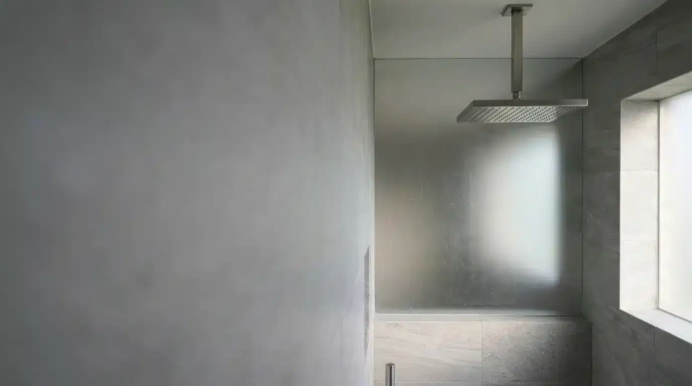 Minimalist bathroom interior with silver showerhead and frosted glass wall in neutral tones