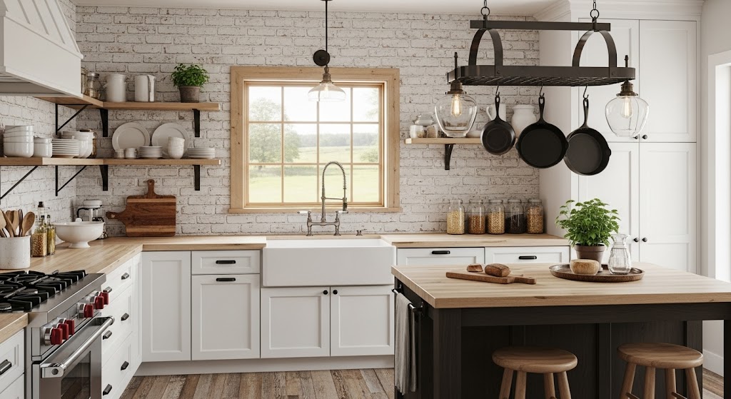 A charming farmhouse kitchen featuring a textured brick backsplash painted in a clean, solid white finish.