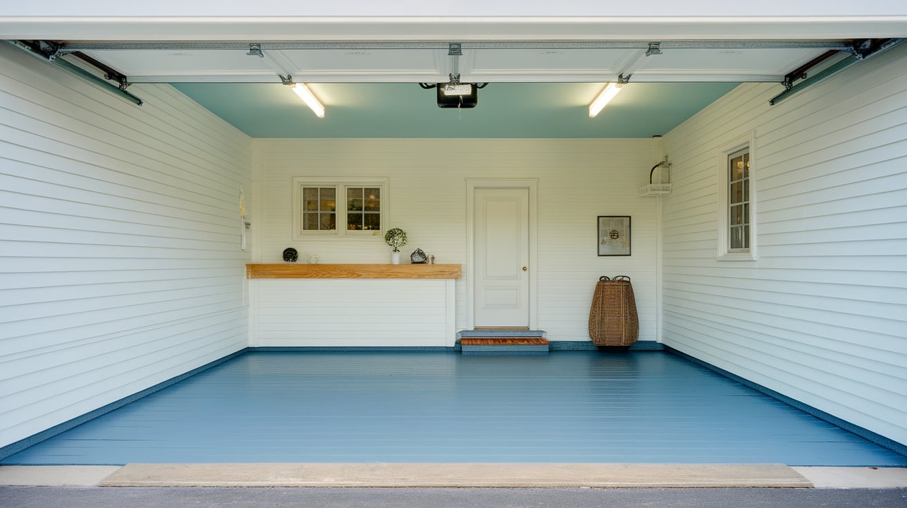 A well-lit garage interior featuring a smooth, light blue painted floor with white paneled walls and a light blue ceiling.