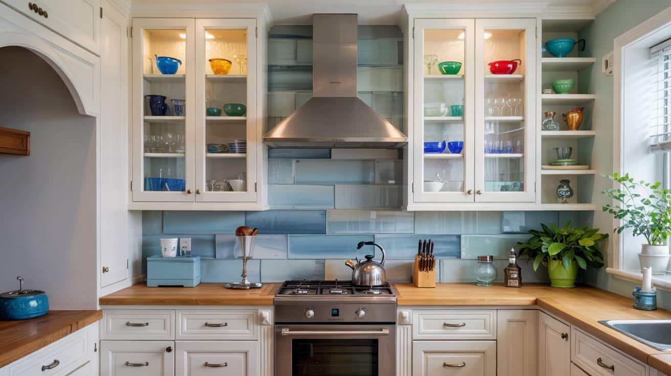 A seamless, easy-to-clean back-painted glass panel backsplash in a soft, modern pastel hue.