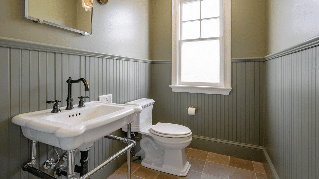 A classic bathroom featuring olive green painted wood beadboard wainscoting behind a white porcelain console sink.