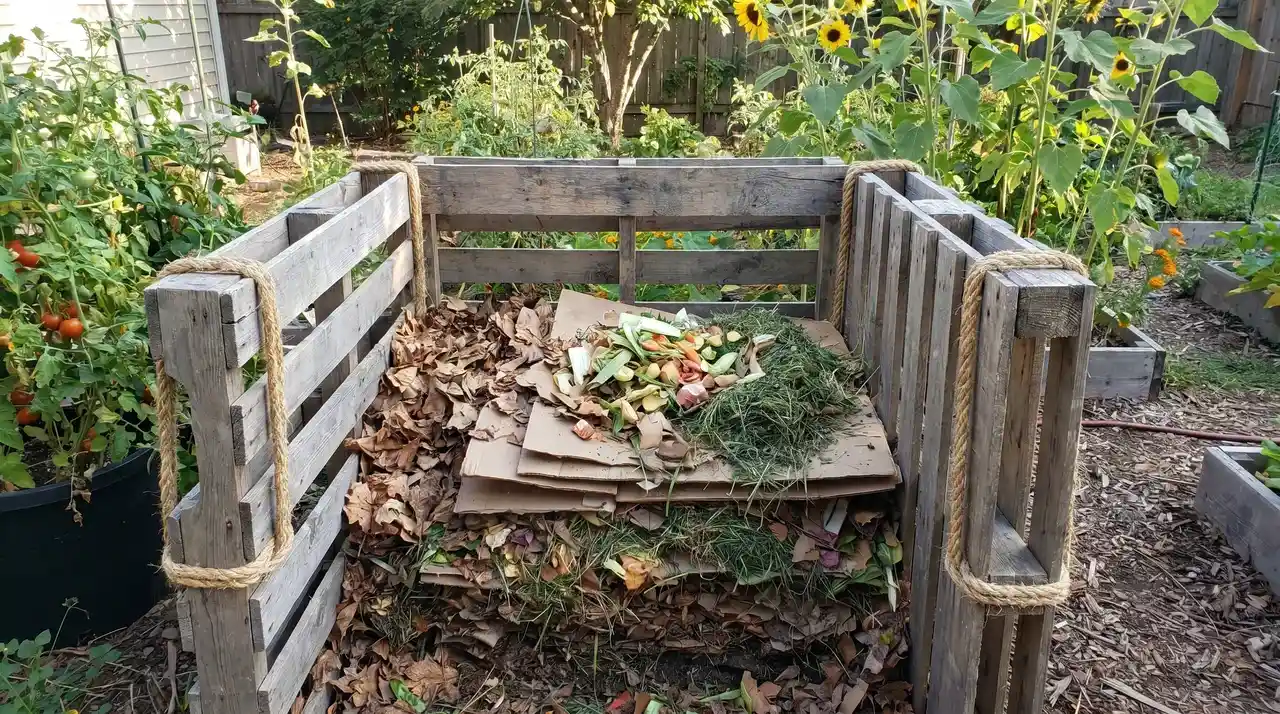 U-shaped DIY compost bin made from three wooden pallets filled with layered brown and green organic material in a garden.
