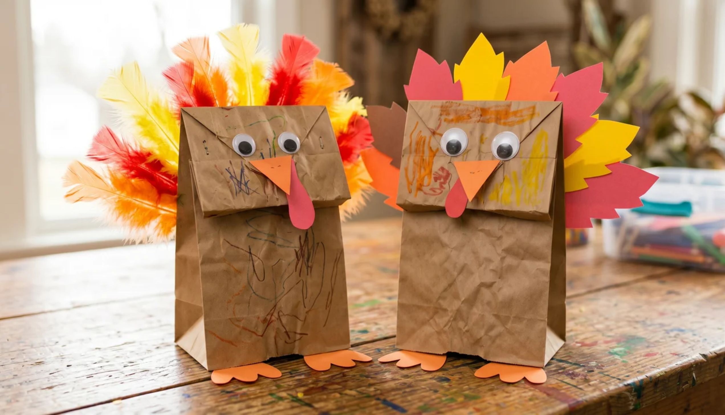 Brown paper bag turkey puppets with colorful paper feathers and googly eyes, easy Thanksgiving crafts for kids