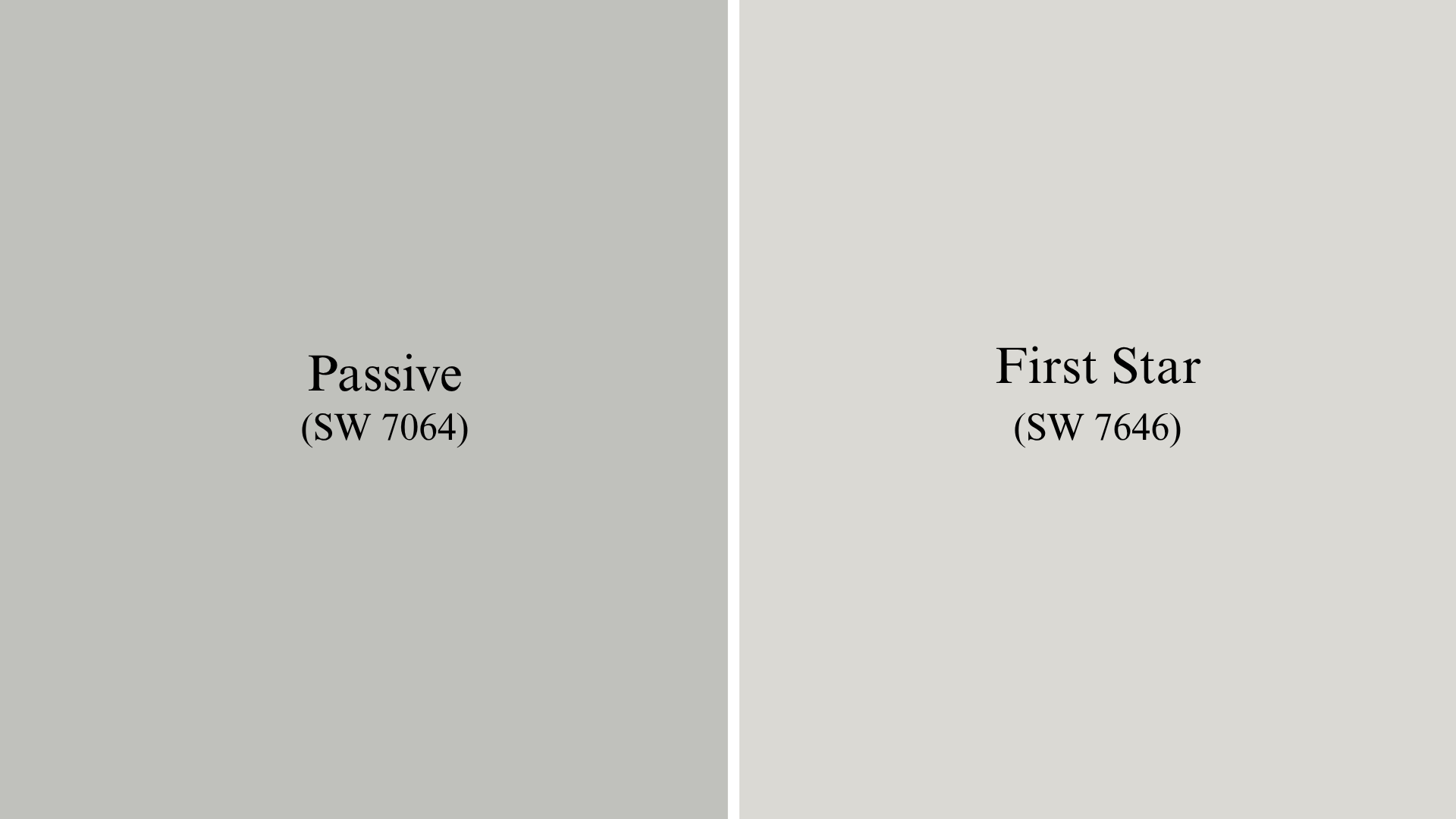 A side-by-side color comparison of Sherwin-Williams Passive on the left and Sherwin-Williams First Star on the right.