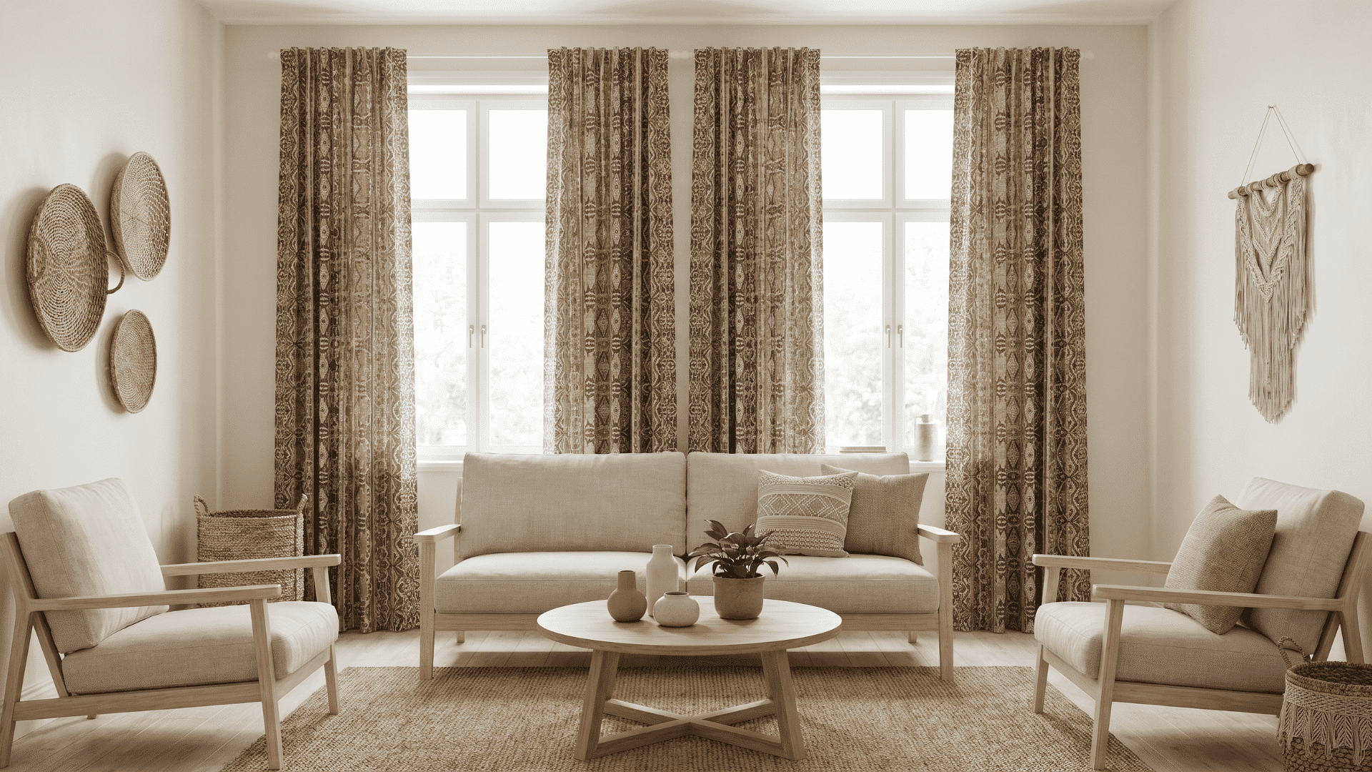 Patterned curtains over windows with simple neutral furniture below in a boho living room
