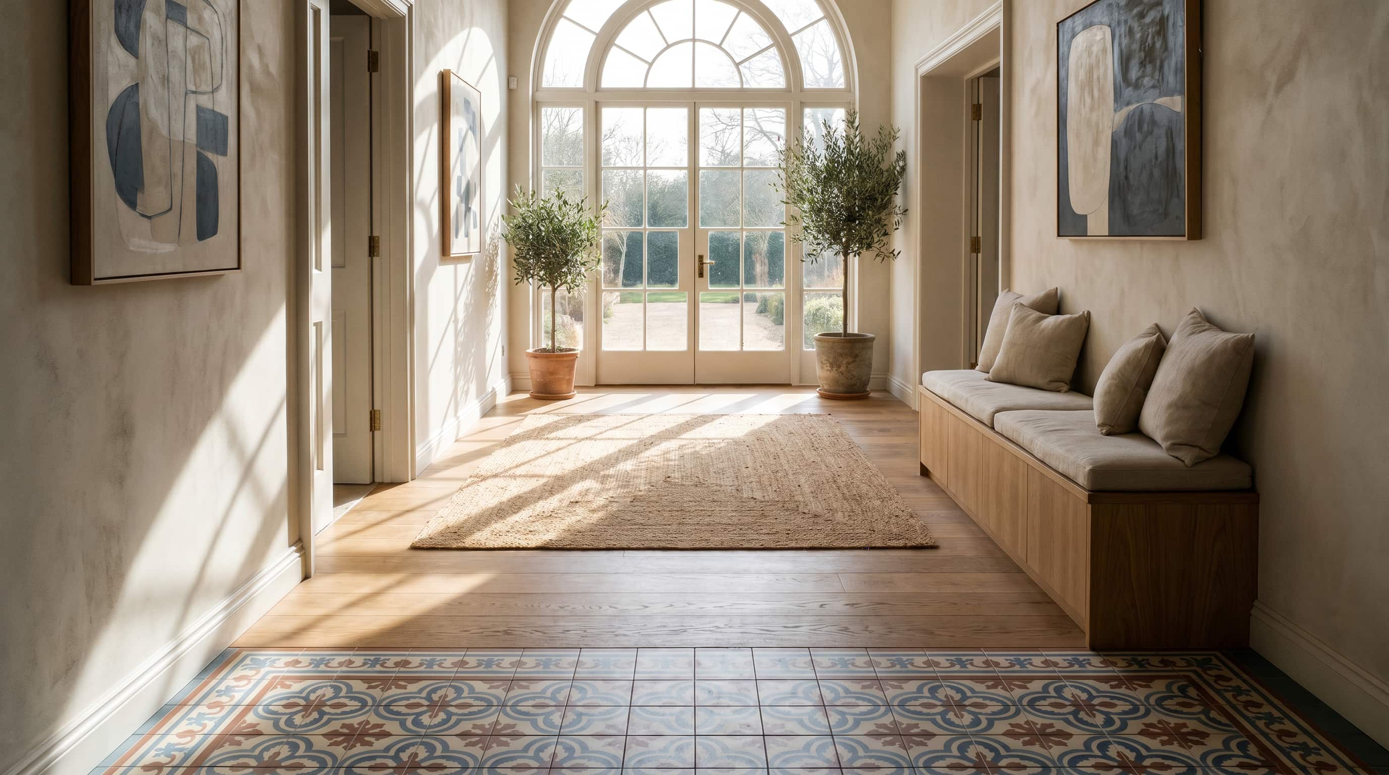 Elegant hallway decor ideas featuring patterned floor tiles, an arched window, built-in bench seating, and large potted plants.