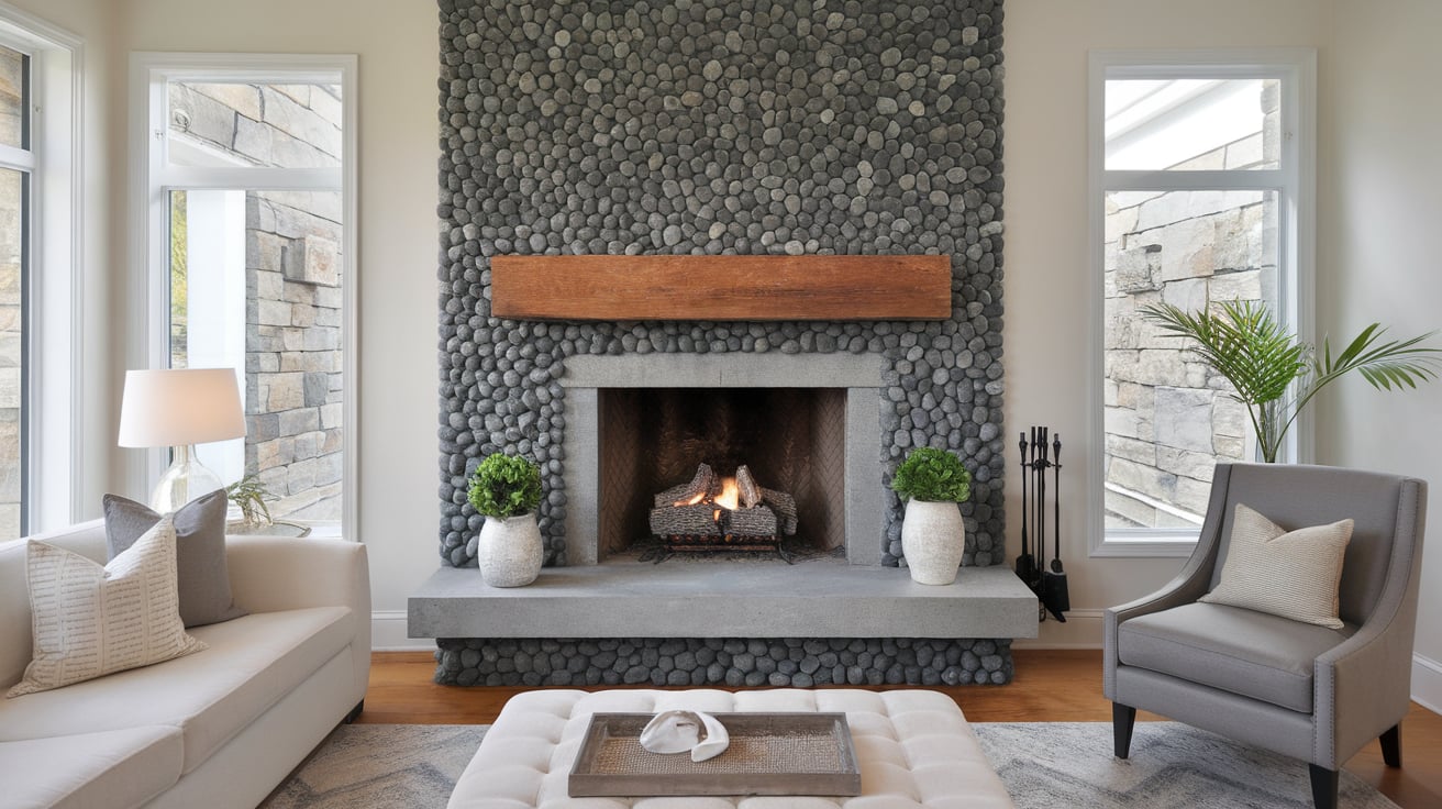 Cozy living room featuring a pebble rock fireplace surround, a wooden mantel, and a gray armchair.