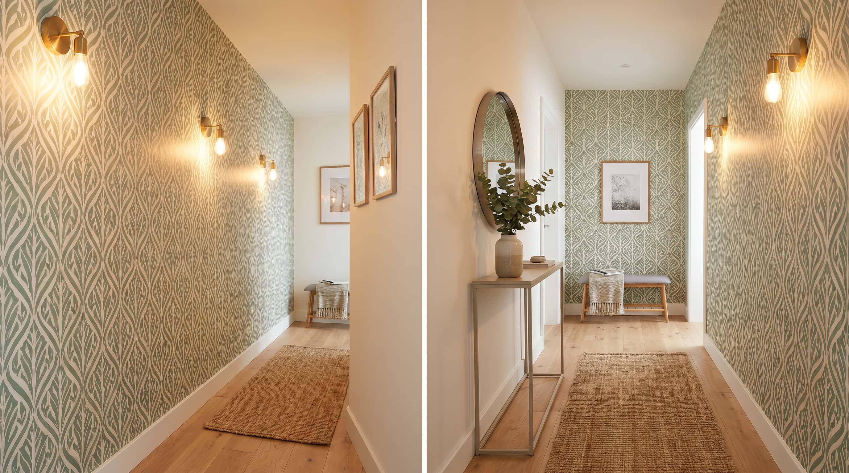 Stylish hallway decor ideas using peel-and-stick wallpaper, wall sconces, a narrow console table, and natural textures.