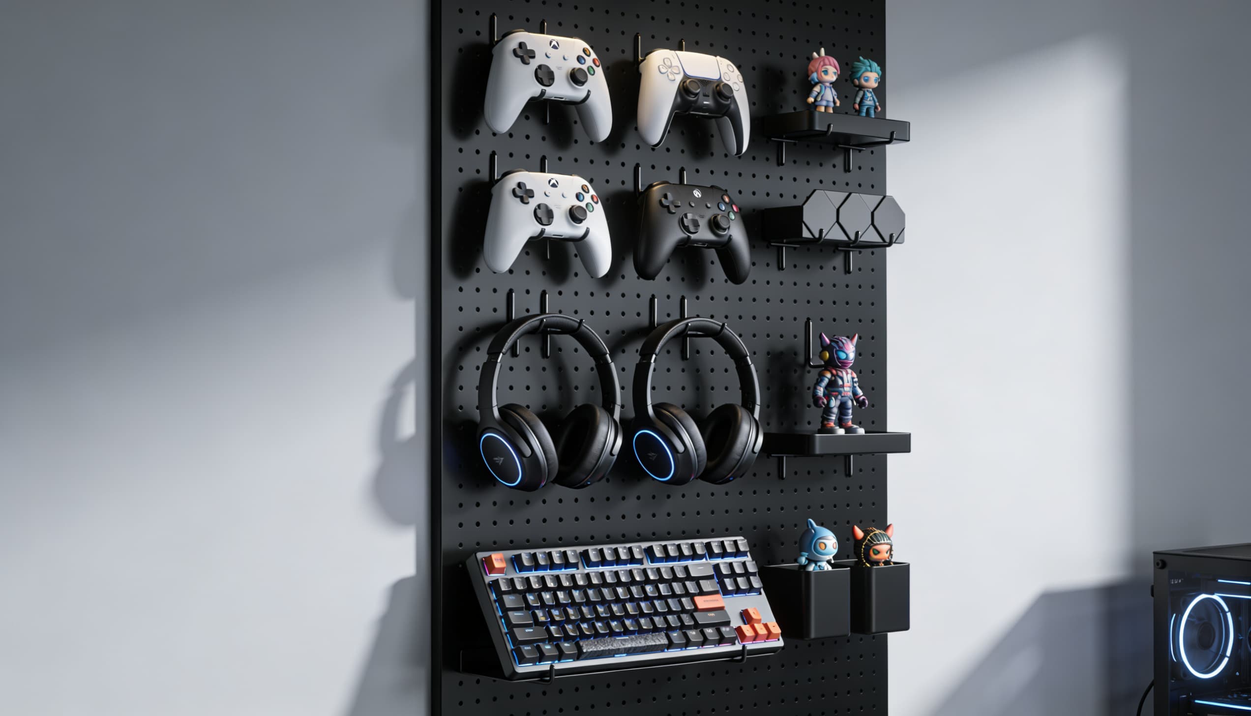 Gaming wall organizer with controllers, headphones, keyboard, and pegboard storage in modern setup.