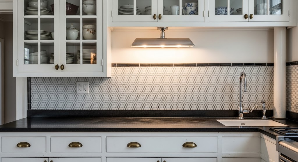 Vintage-style white penny round backsplash tiles detailed with contrasting dark gray grout lines.