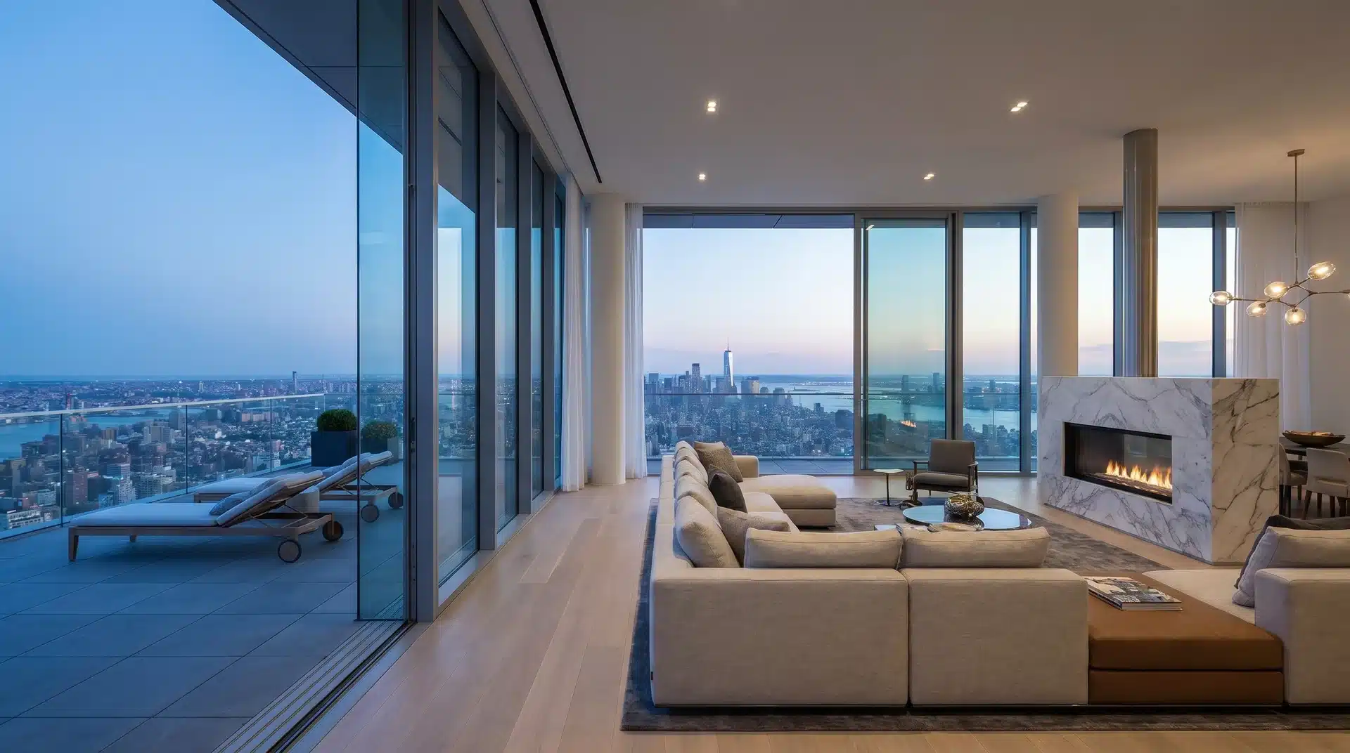 Luxury penthouse apartment layout with floor-to-ceiling windows, private balcony, and scenic city views from a modern living room.