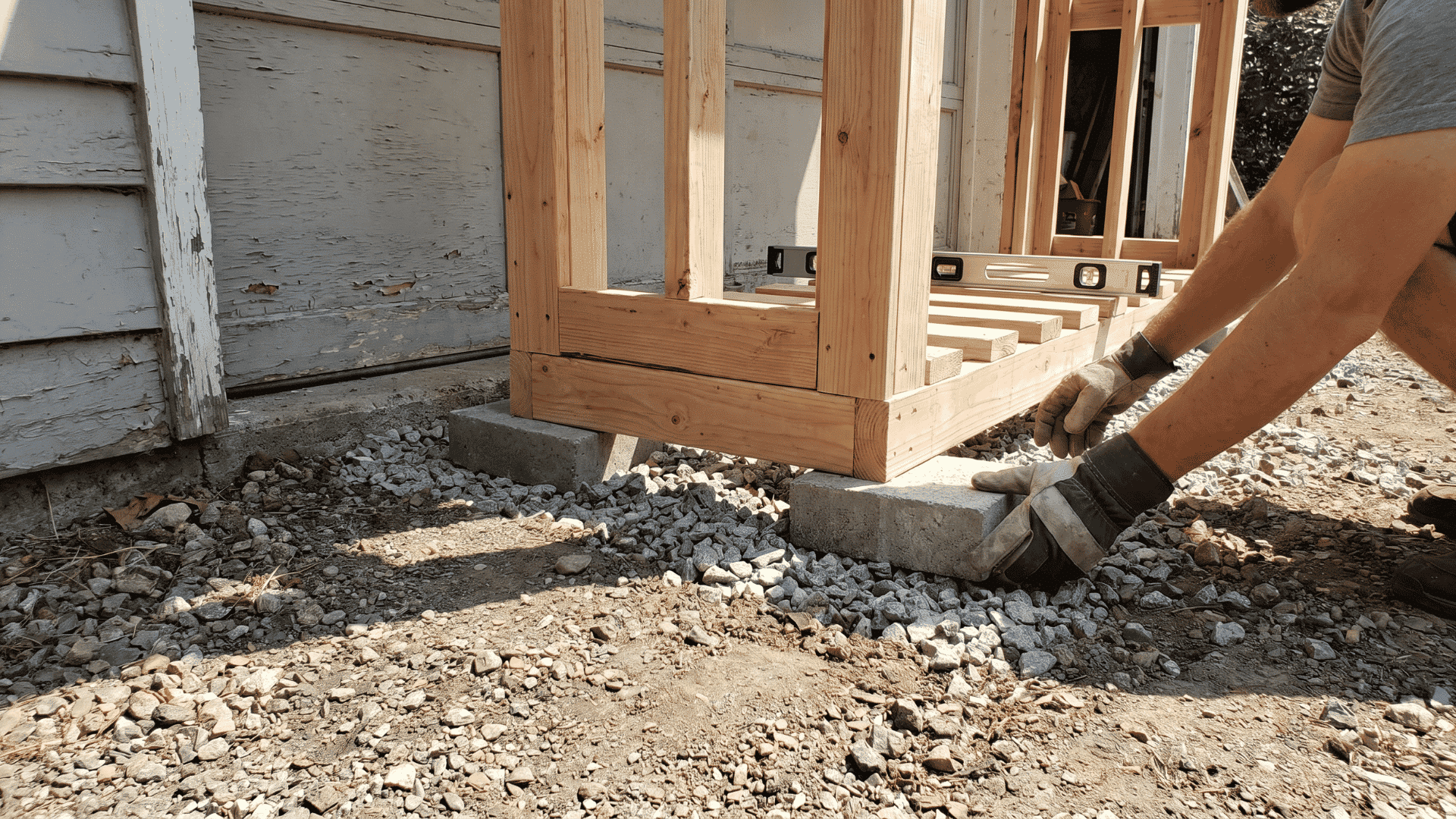 Person adjusting a completed wooden firewood rack on blocks to make it level and stable