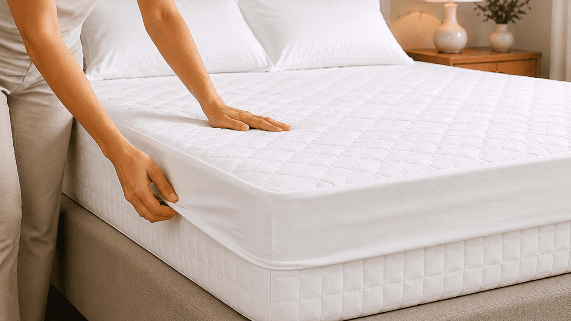 Person adjusting a white quilted mattress protector on a neatly made bed in a bright, neutral-toned bedroom.