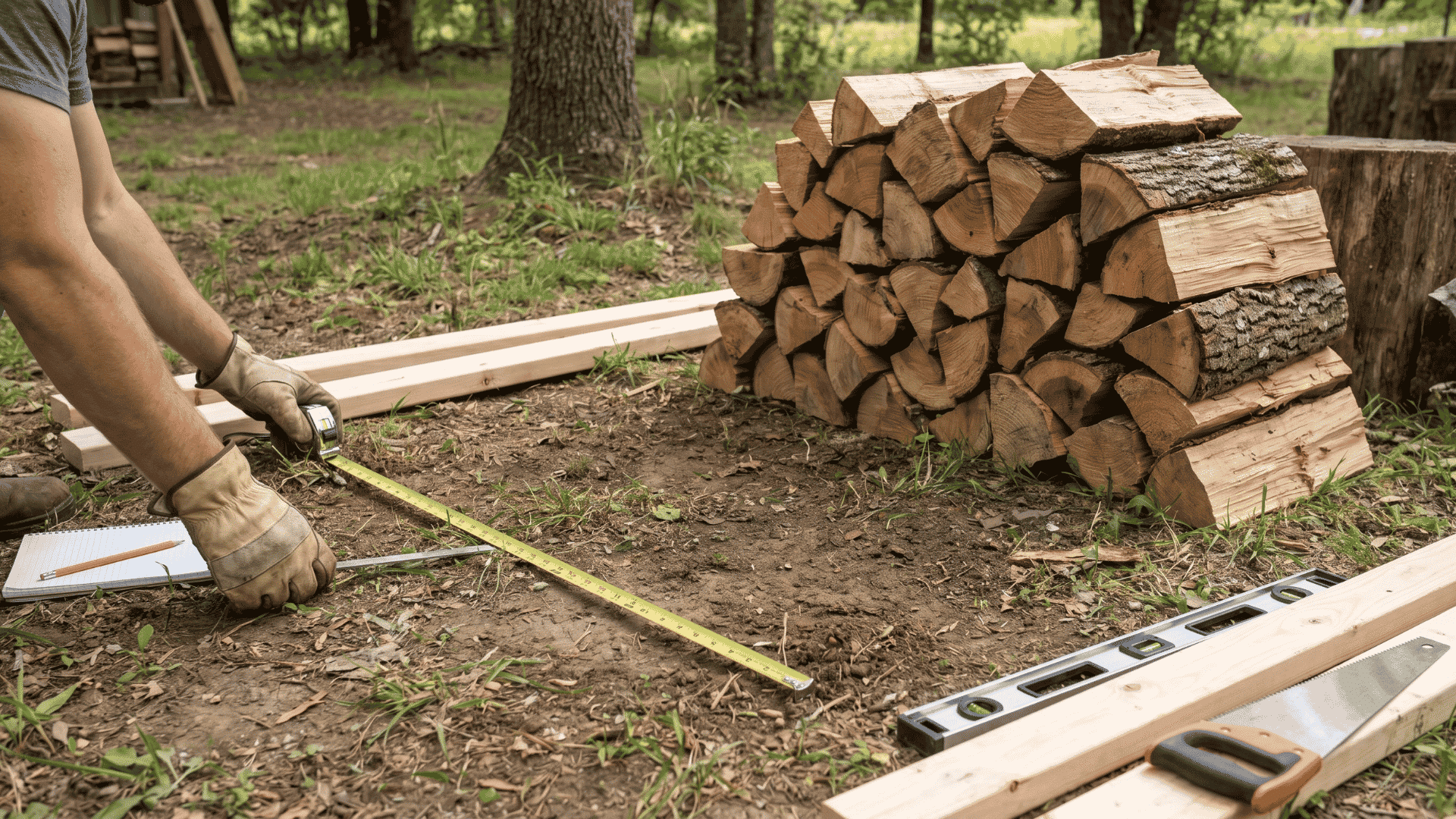 measuring space for a DIY firewood rack outdoors with tape measure