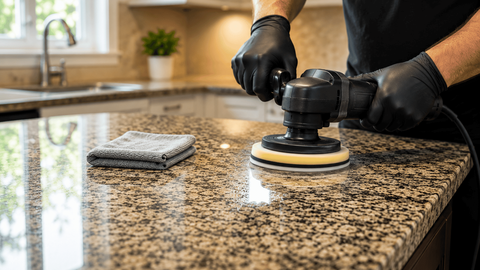 Person polishing a granite countertop with a power buffer in a modern kitchen with a clean reflective surface.