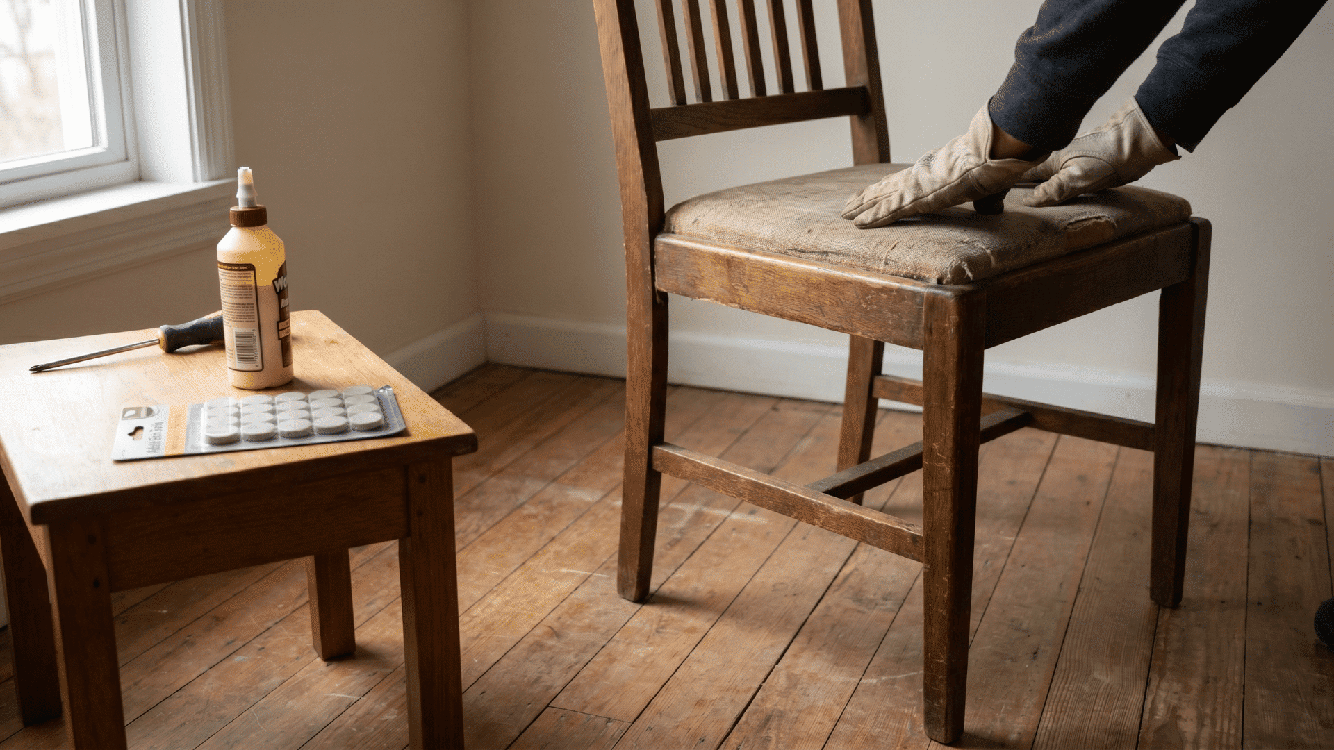 Person testing a repaired chair for stability on a flat indoor floor