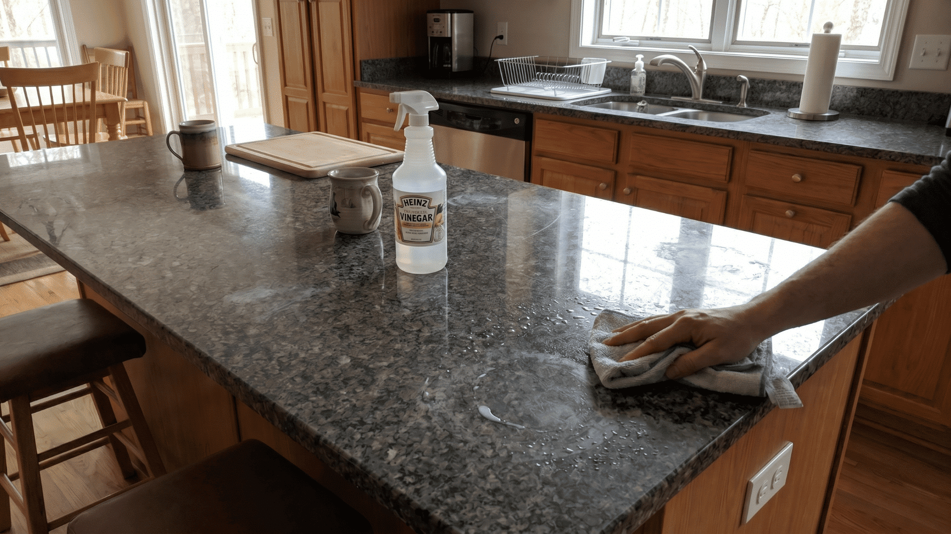 A person using a cloth to wipe down a dark, polished granite kitchen island next to a spray bottle.