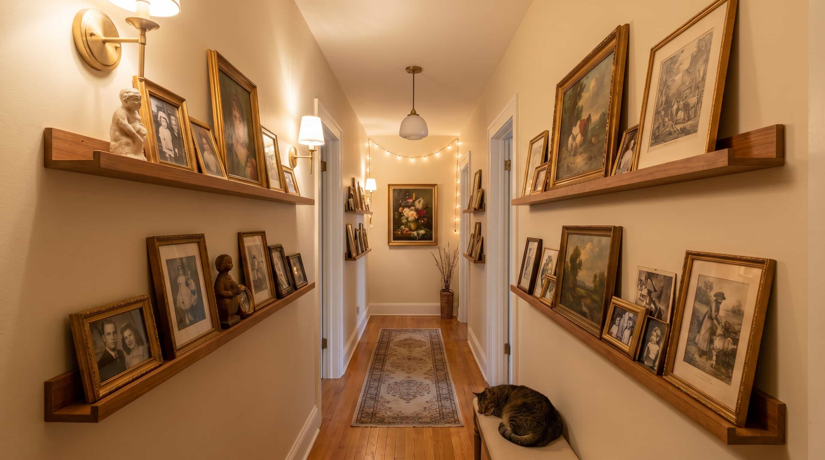 Hallway decor ideas using floating picture ledges to display vintage artwork, framed photos, and collected treasures.