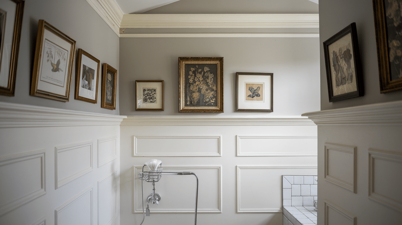 Classic wainscoting topped with a matching picture rail shelf displaying framed artwork in a traditional bathroom.