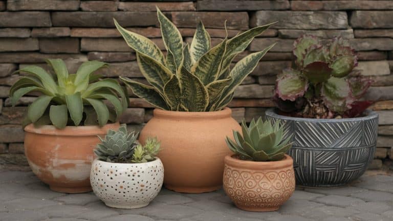 A collection of small, handmade ceramic pots filled with succulents, arranged together against a stone wall background.