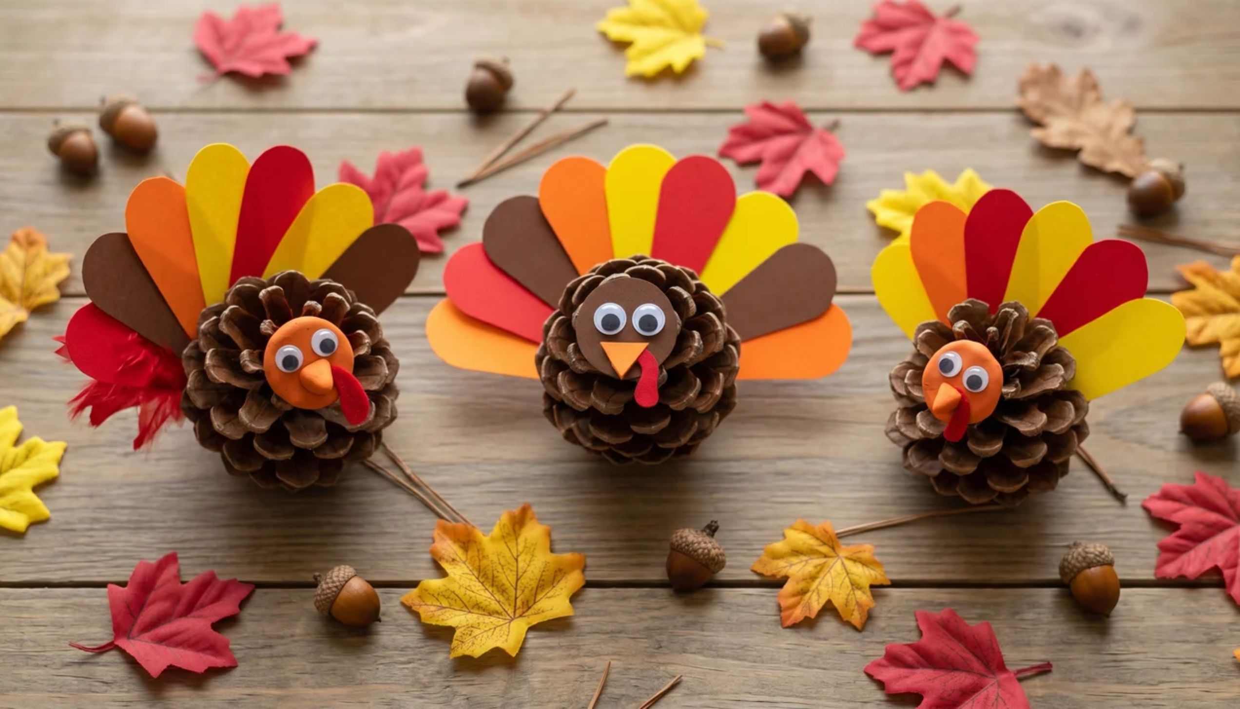 Three pinecone turkeys with paper feathers and googly eyes on a wooden table as easy Thanksgiving crafts using natural materials