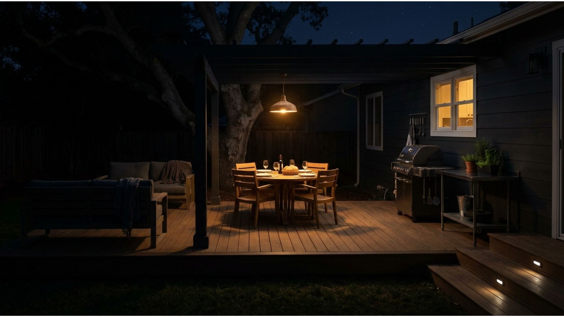 Residential deck at night with a single lit dining table surrounded by intentionally dark lounge and grill zones