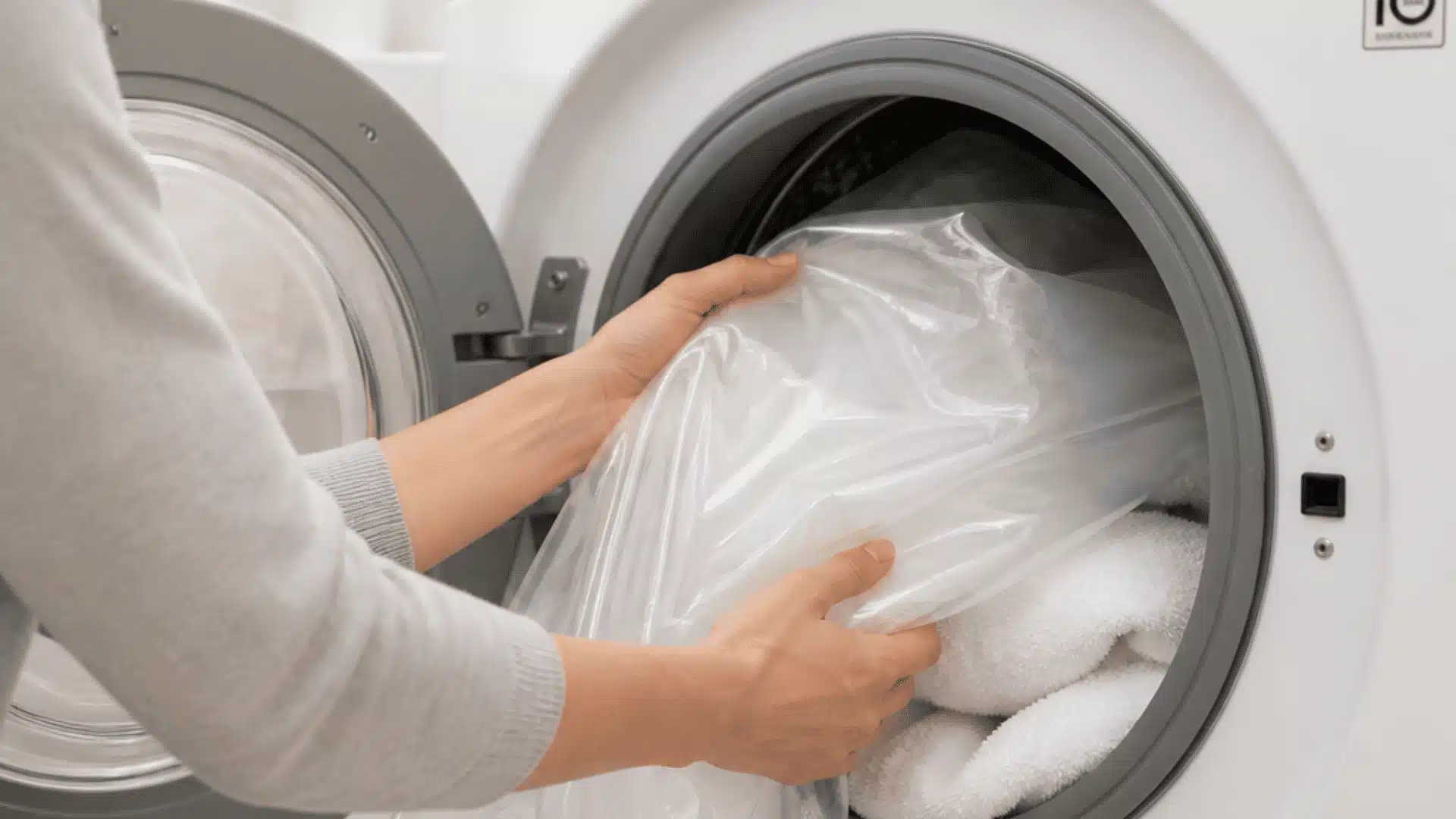 Plastic shower curtain liner being loaded into a washing machine with white towels for a gentle cycle wash.