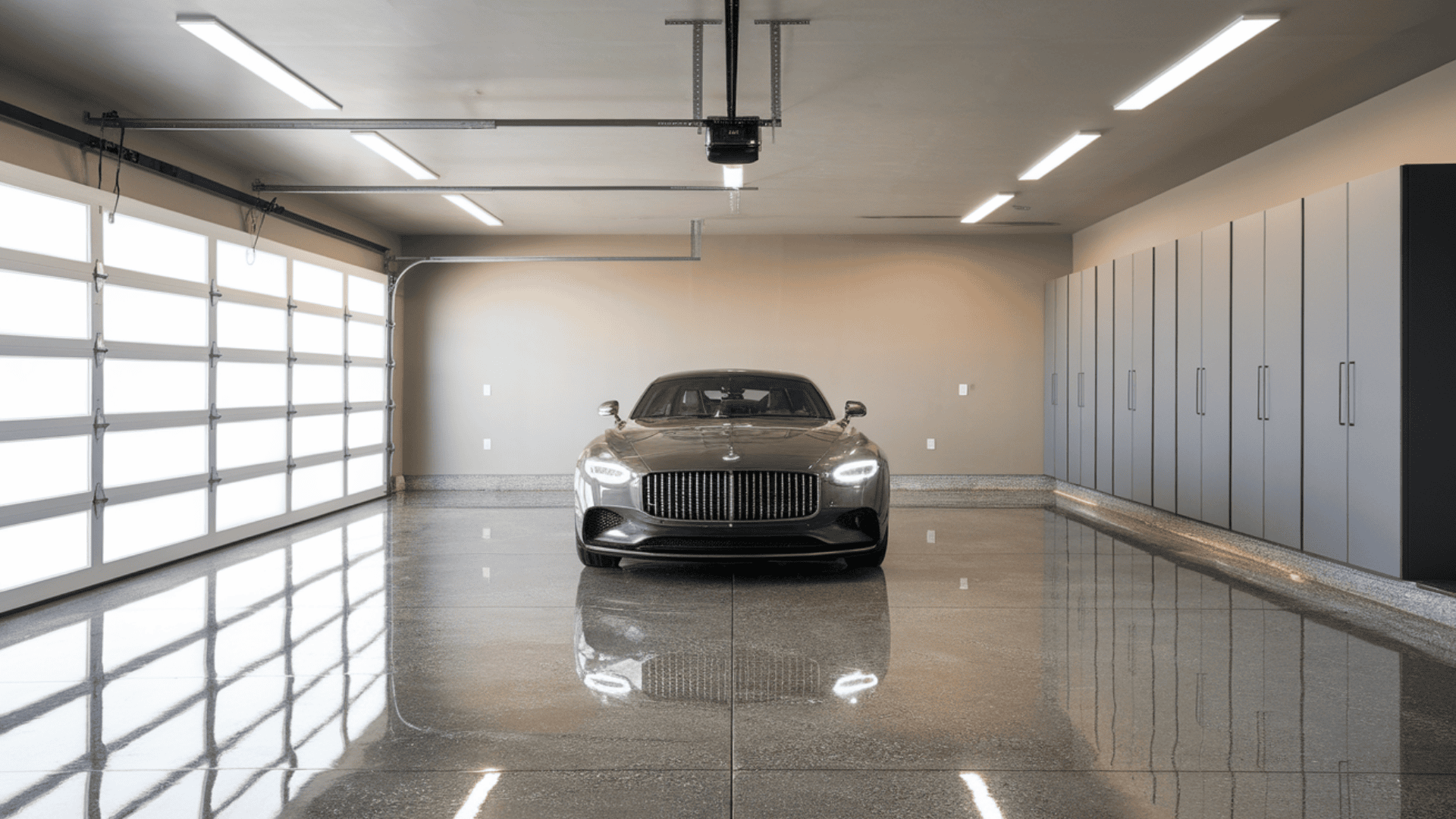 A luxury dark grey sedan parked inside a modern, spacious garage with a sleek, glossy polished concrete floor.