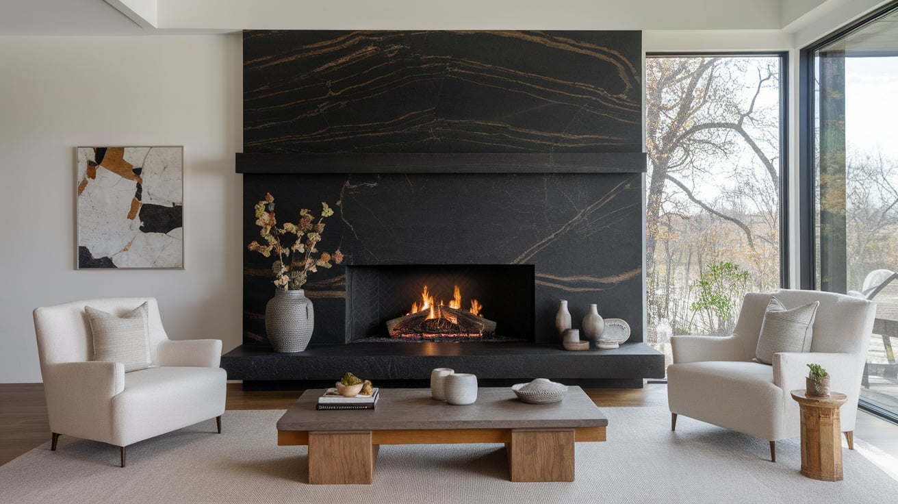 Modern living room featuring a polished black soapstone fireplace surround flanked by two white armchairs.