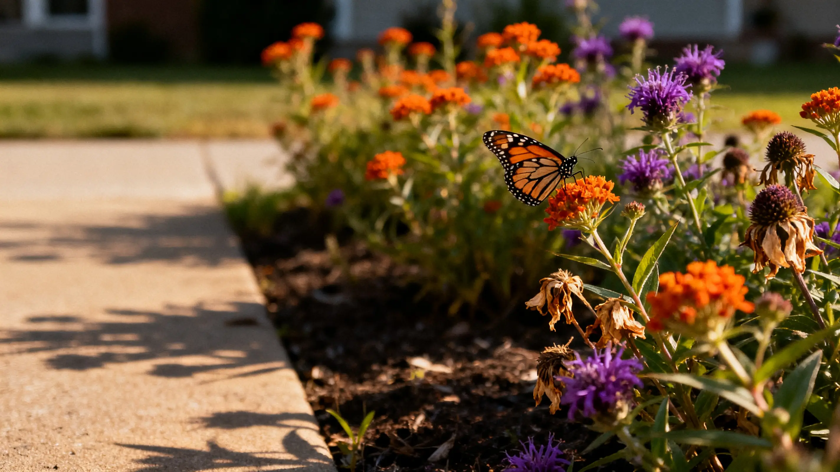 Monarch butterfly on vibrant flower in garden with orange and purple blooms