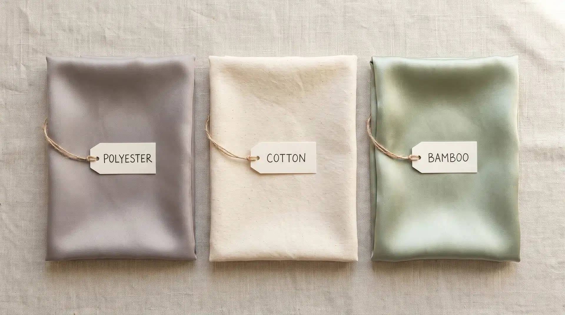 Three folded fabric samples side-by-side with paper labels reading Polyester, Cotton, and Bamboo on a neutral background.