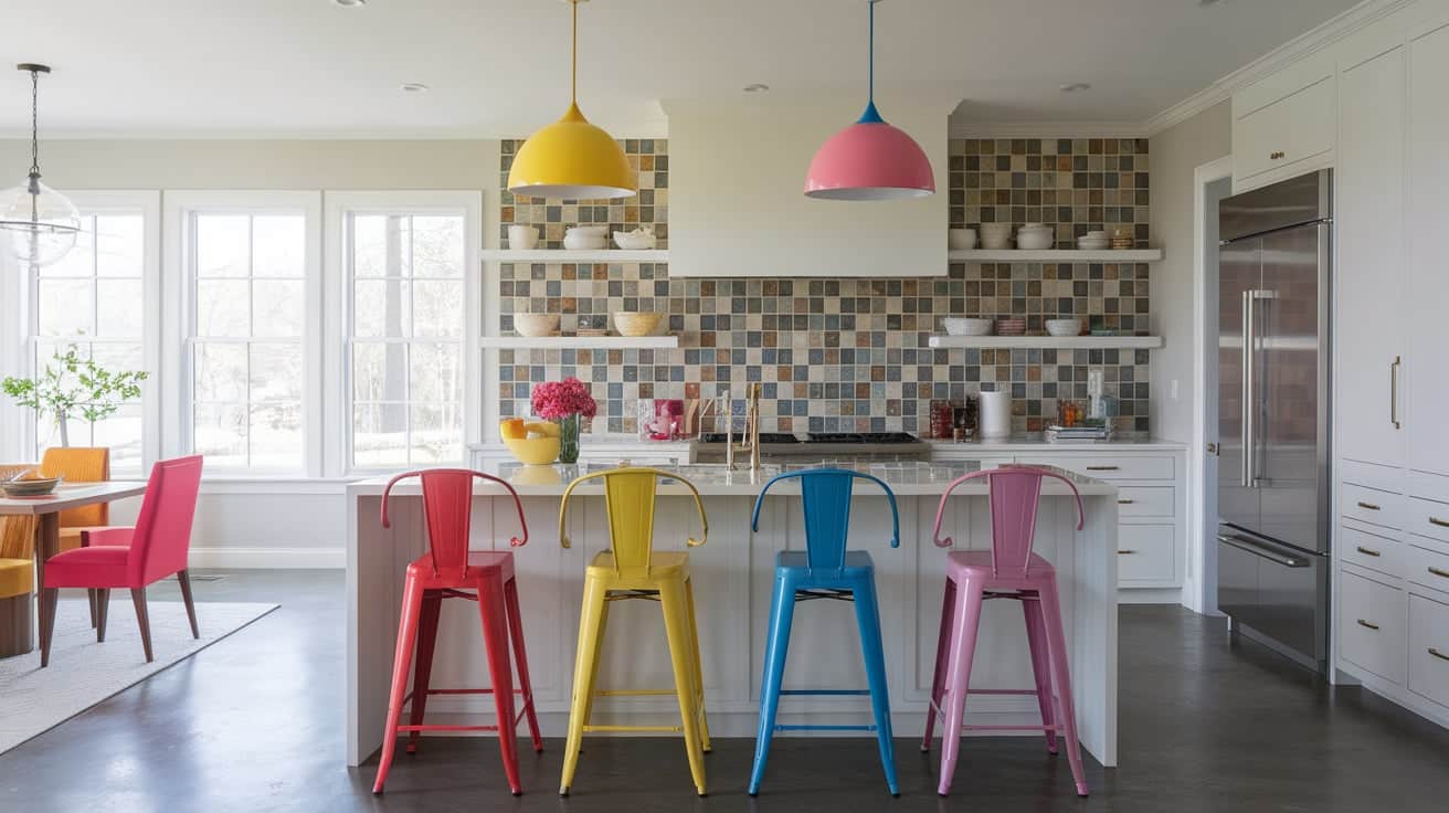 One-wall kitchen featuring a white island with colorful bar stools and a patterned tile backsplash.