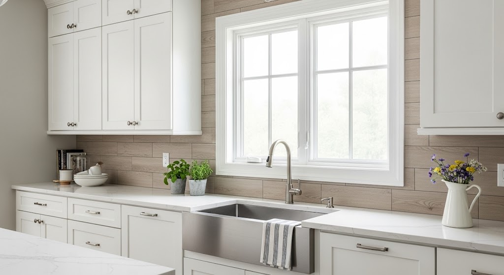 Durable porcelain tiles mimicking natural light-colored wood grain installed horizontally as a backsplash.